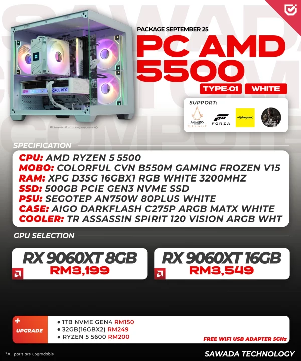 PC AMD 5500 White Malaysia – Ryzen 5 5500 + RX 9060XT Stylish Gaming PC
