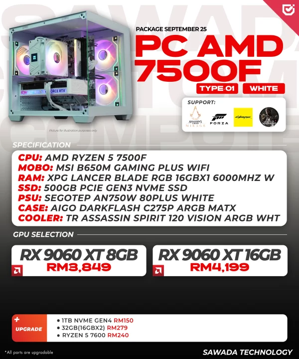 PC AMD 7500F White Malaysia – Ryzen 5 7500F + RX 9060 XT Gaming PC White Build