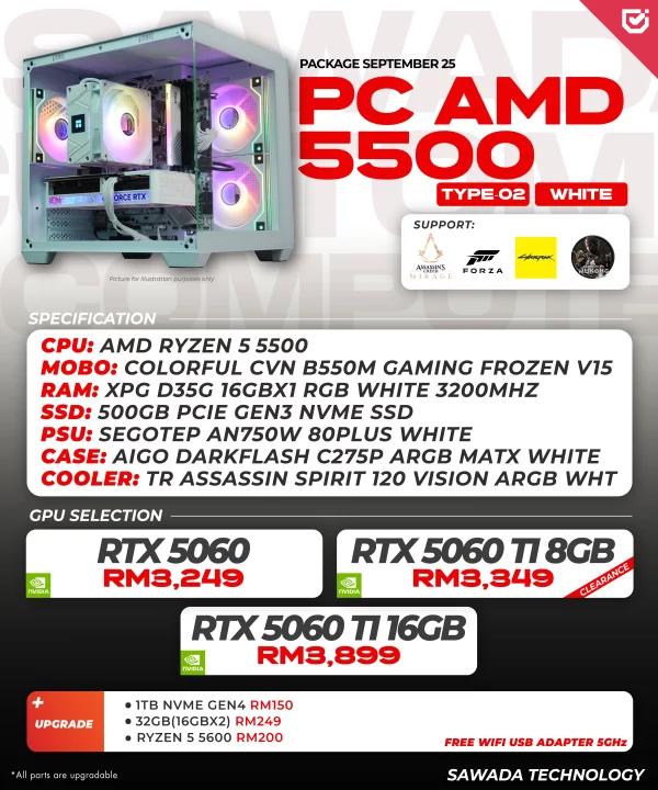 PC AMD 5500 White Malaysia – Ryzen 5 5500 + RTX 5060/5060 Ti Stylish Gaming PC